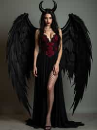 a woman dressed as an angel poses for a picture, dark angel, angel knight gothic girl, dark gothic dress, very sexy devil outfit, full body devil woman, gothic woman dressed in black and red, megan fox witch queen, raven winged female vampire, villainess has black angel wings, gothic outfit, tall female angel, gothic dress, fallen angel, winged woman angel, fishnet stockings