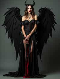 a woman dressed as an angel poses for a picture, dark angel, angel knight gothic girl, dark gothic dress, very sexy devil outfit, full body devil woman, gothic woman dressed in black and red, megan fox witch queen, raven winged female vampire, villainess has black angel wings, gothic outfit, tall female angel, gothic dress, fallen angel, winged woman angel, fishnet stockings