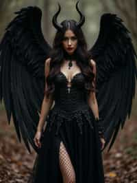 a woman dressed as an angel poses for a picture, dark angel, angel knight gothic girl, dark gothic dress, very sexy devil outfit, full body devil woman, gothic woman dressed in black and red, megan fox witch queen, raven winged female vampire, villainess has black angel wings, gothic outfit, tall female angel, gothic dress, fallen angel, winged woman angel, fishnet stockings