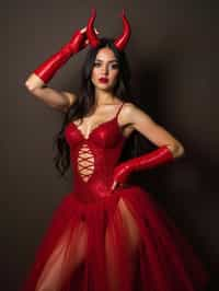 woman wearing (naughty halloween) (sexy halloween costume) red devil outfit posing for photo