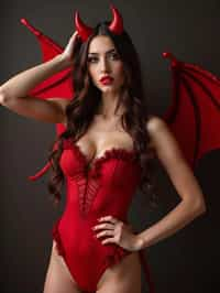 woman wearing (naughty halloween) (sexy halloween costume) red devil outfit posing for photo