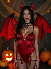 a woman wearing sexy halloween costume, (silk red bodysuit), stockings, red devil, red devil horns, lingerie, fishnets, spiderwebs, pumpkins, (camera flash light)