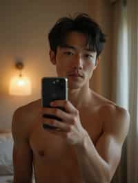 beautiful man taking a selfie in bedroom mirror