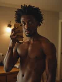 beautiful man taking a selfie in bedroom mirror