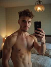 beautiful man taking a selfie in bedroom mirror