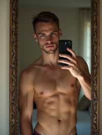 beautiful man taking a selfie in bedroom mirror