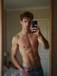 beautiful man taking a selfie in bedroom mirror