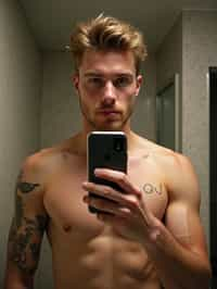 beautiful man taking a selfie in bathroom mirror