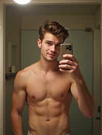 beautiful man taking a selfie in bathroom mirror