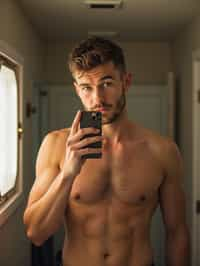 beautiful man taking a selfie in bathroom mirror