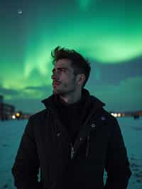 man in Reykjavik with the Northern Lights in the background