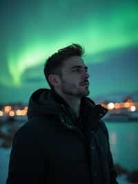 man in Reykjavik with the Northern Lights in the background