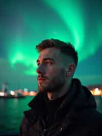 man in Reykjavik with the Northern Lights in the background