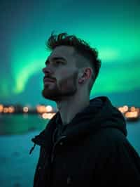 man in Reykjavik with the Northern Lights in the background