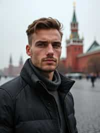 man in Moscow with the Kremlin in the background