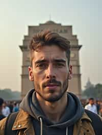 man in Delhi with the India Gate in the background