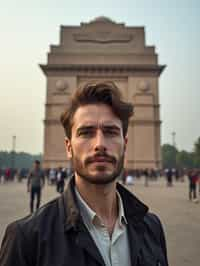 man in Delhi with the India Gate in the background