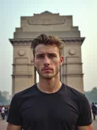 man in Delhi with the India Gate in the background