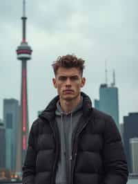 man in Toronto with the CN Tower in the background