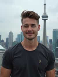 man in Toronto with the CN Tower in the background