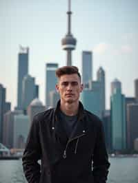 man in Toronto with the CN Tower in the background