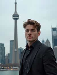 man in Toronto with the CN Tower in the background