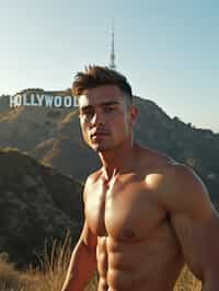 man in Los Angeles with the Hollywood sign in the background