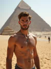 man in Cairo with the Pyramids of Giza in the background