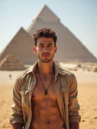 man in Cairo with the Pyramids of Giza in the background