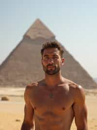 man in Cairo with the Pyramids of Giza in the background