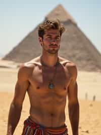 man in Cairo with the Pyramids of Giza in the background