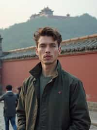 man in Beijing with the Great Wall in the background