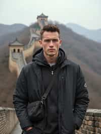 man in Beijing with the Great Wall in the background