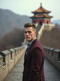 man in Beijing with the Great Wall in the background