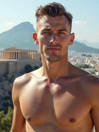 man in Athens with the Acropolis in the background