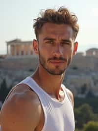 man in Athens with the Acropolis in the background