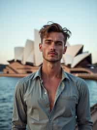 man in Sydney with the Sydney Opera House in the background