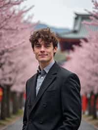 man in Japan with Japanese Cherry Blossom Trees and Japanese temples in background