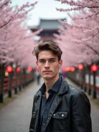 man in Japan with Japanese Cherry Blossom Trees and Japanese temples in background