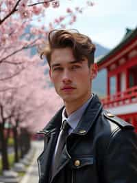 man in Japan with Japanese Cherry Blossom Trees and Japanese temples in background