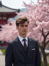 man in Japan with Japanese Cherry Blossom Trees and Japanese temples in background