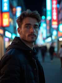 man in Tokyo at night with neon lights