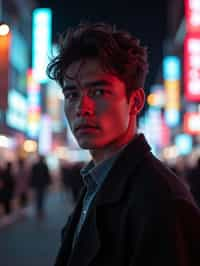 man in Tokyo at night with neon lights