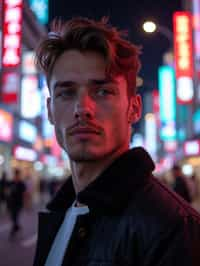 man in Tokyo at night with neon lights