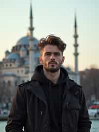 man in Istanbul with The Mosque in background