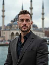 man in Istanbul with The Mosque in background