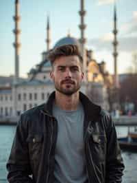 man in Istanbul with The Mosque in background