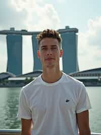 man in Singapore with Marina Bay Sands in background