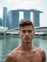 man in Singapore with Marina Bay Sands in background