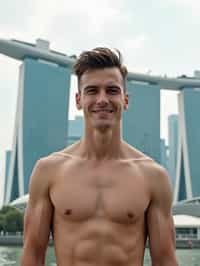 man in Singapore with Marina Bay Sands in background